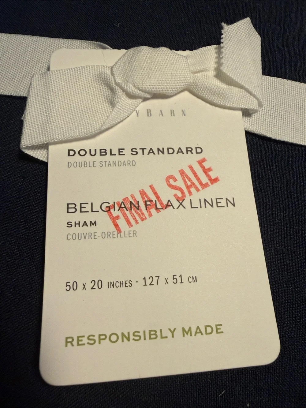 Pottery Barn Belgian Flax Linen Pillow Double Standard Sham 50” x 20” Midnight